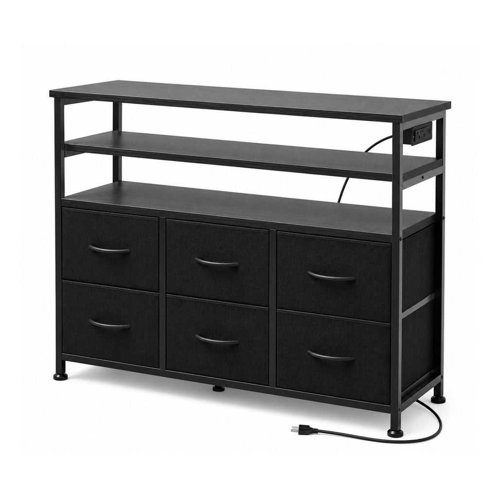 LED TV Stand with 6 Fabric Drawers Power Outlets USB Ports