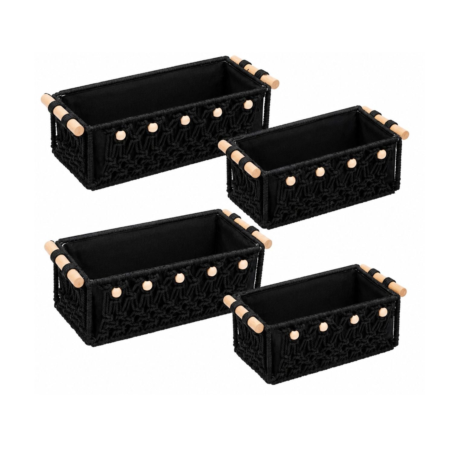 Pack of 4 Macrame Storage Baskets with Wood Handles