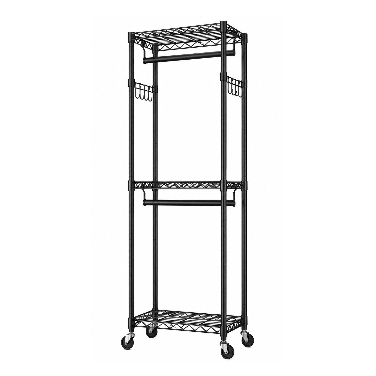 3Tier Adjustable Wire Shelving Clothes Rack Double Rod Mobile Garment Organizer with Wheels