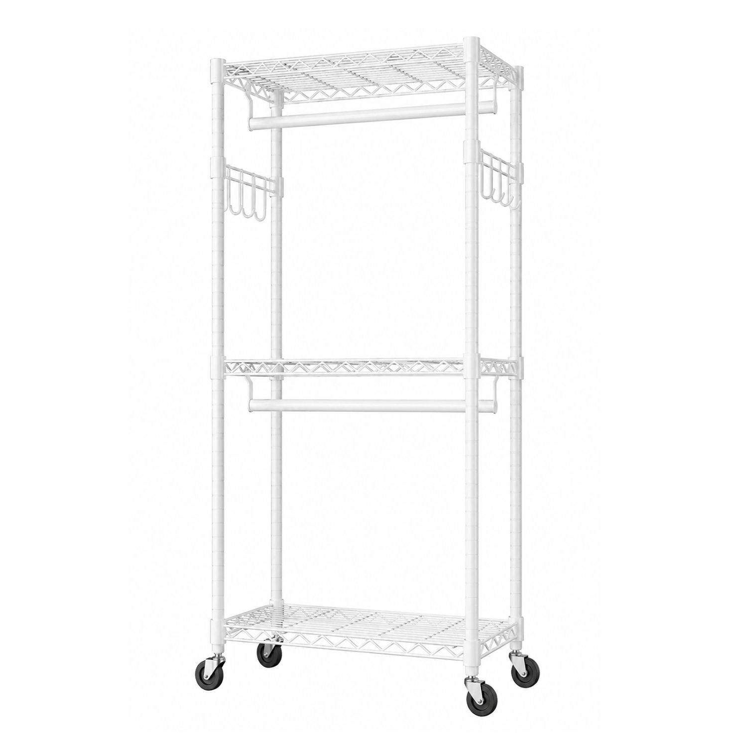 3Tier Adjustable Wire Shelving Clothes Rack Double Rod Mobile Garment Organizer with Wheels