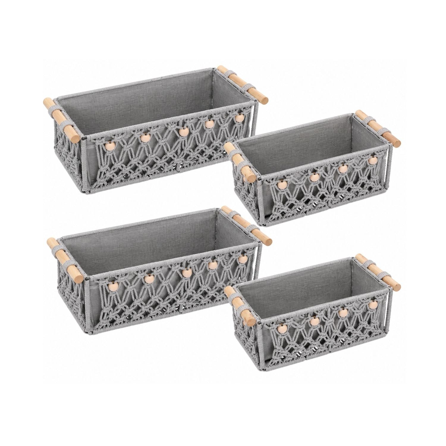 Pack of 4 Macrame Storage Baskets with Wood Handles