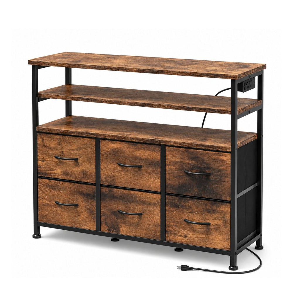 LED TV Stand with 6 Fabric Drawers Power Outlets USB Ports