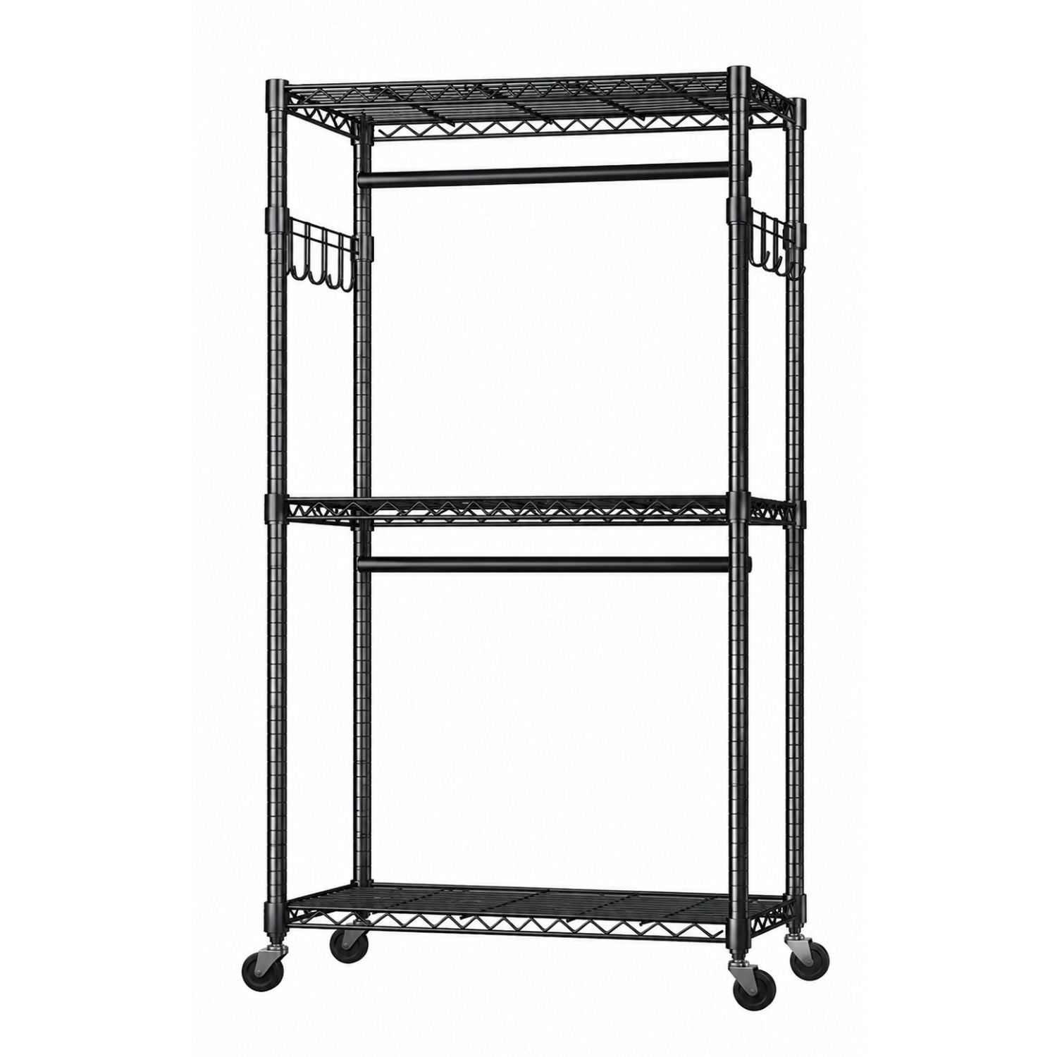 3Tier Adjustable Wire Shelving Clothes Rack Double Rod Mobile Garment Organizer with Wheels