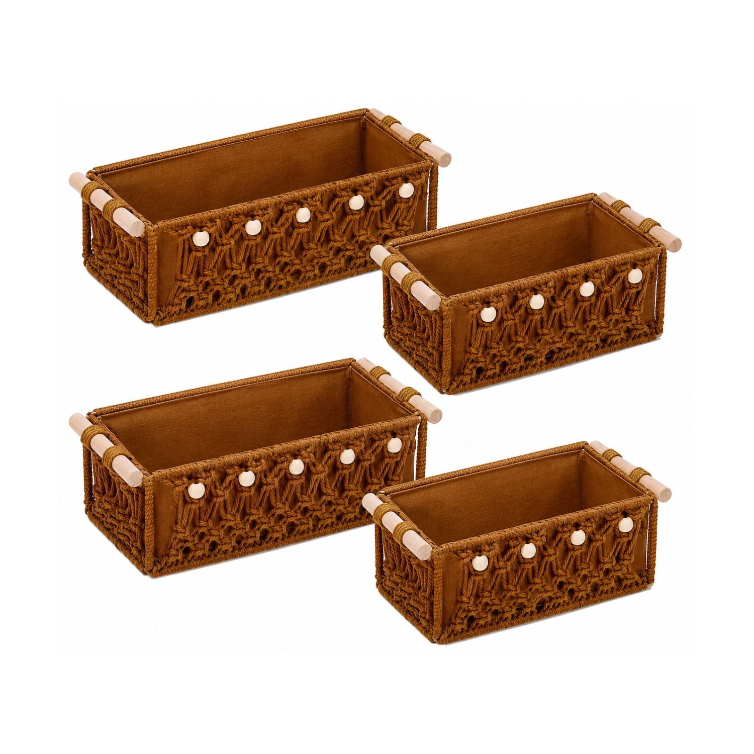 Pack of 4 Macrame Storage Baskets with Wood Handles