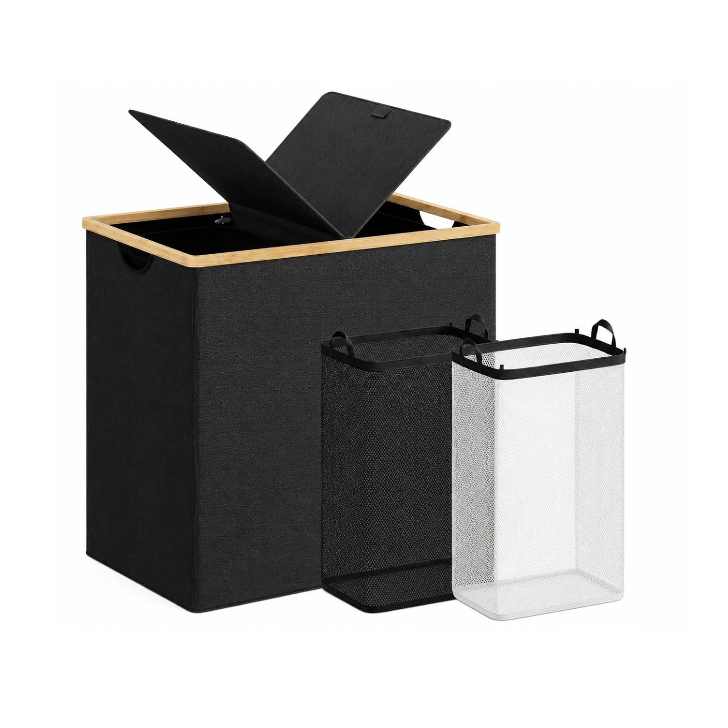 140L Double Laundry Hamper with Lid 2 Removable Bags Bamboo Handles Laundry Basket
