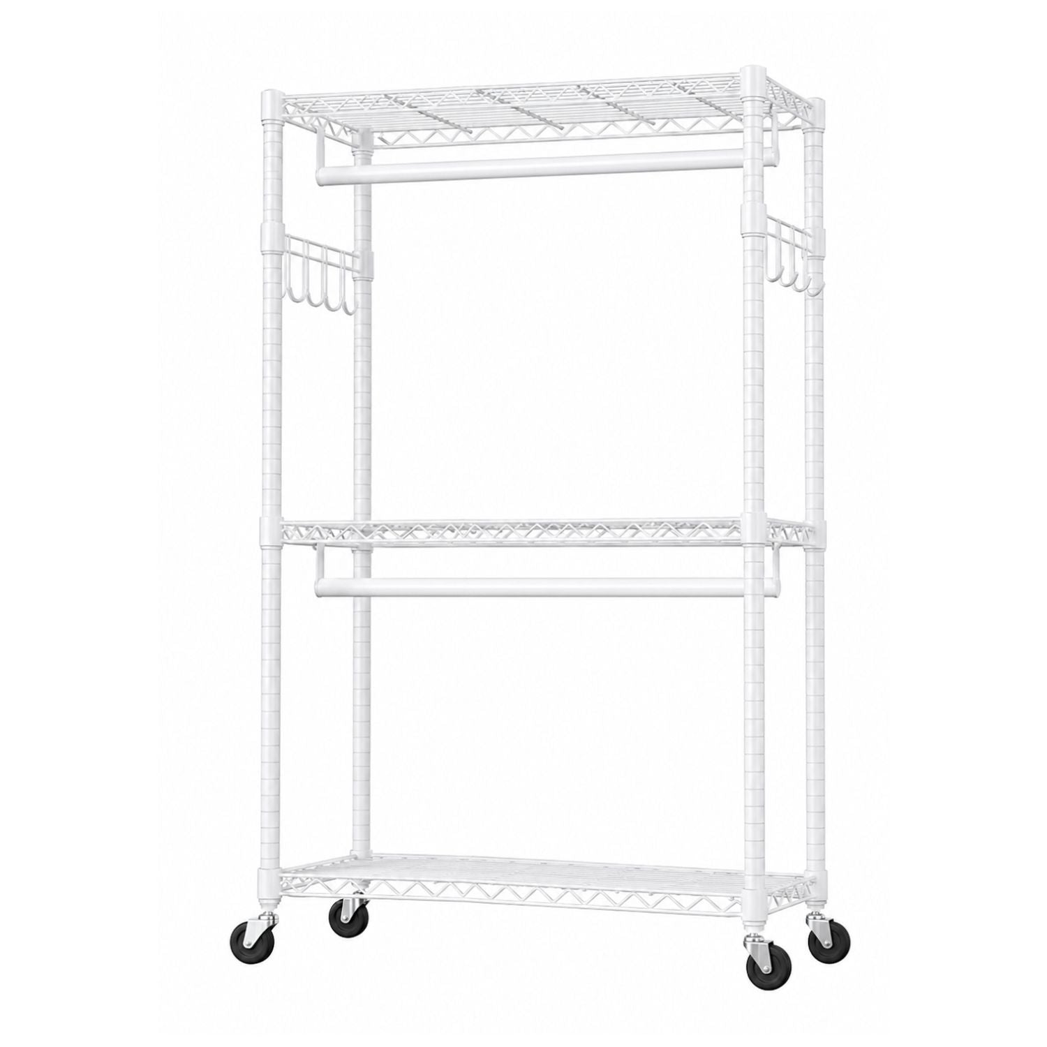 3Tier Adjustable Wire Shelving Clothes Rack Double Rod Mobile Garment Organizer with Wheels