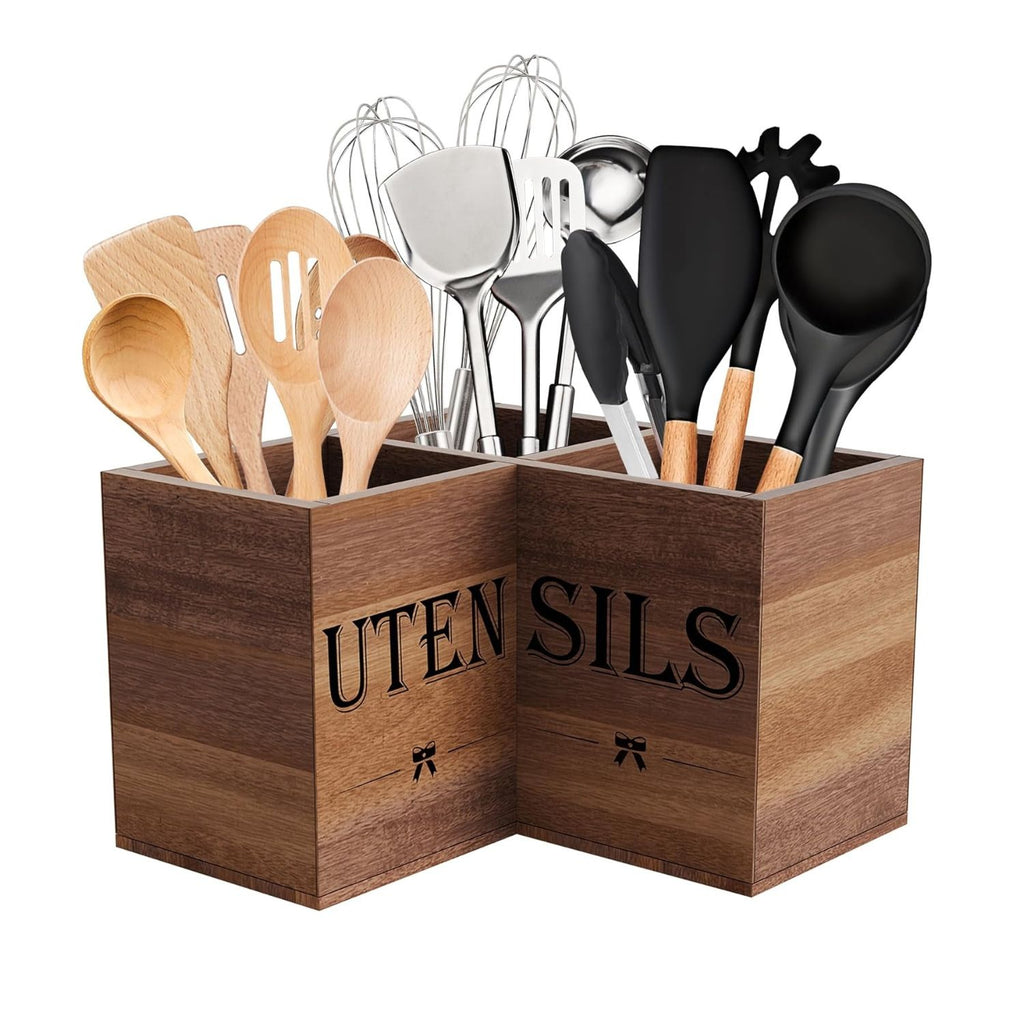 Extra Large Wooden Kitchen Utensil Holder with 3 Compartments Countertop Organizer