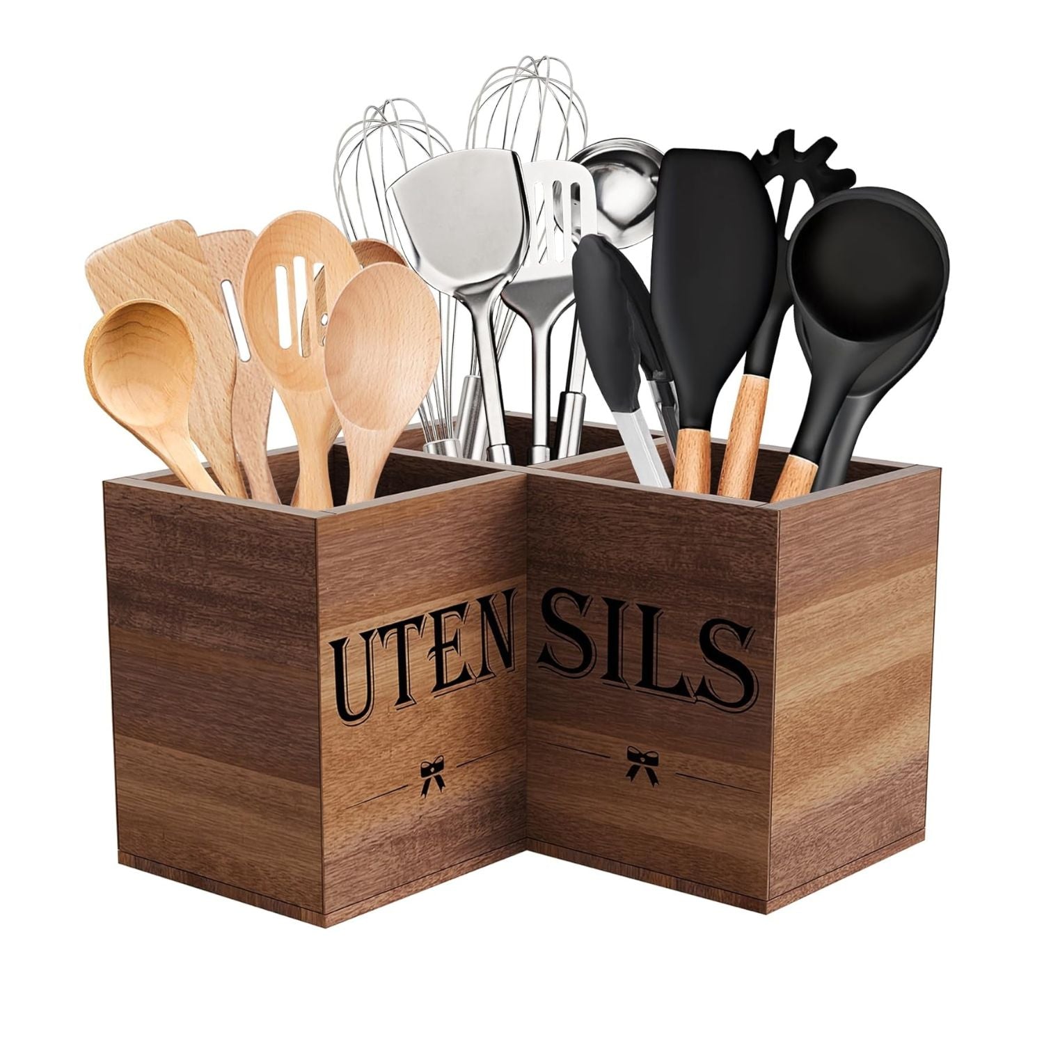 Extra Large Wooden Kitchen Utensil Holder with 3 Compartments Countertop Organizer