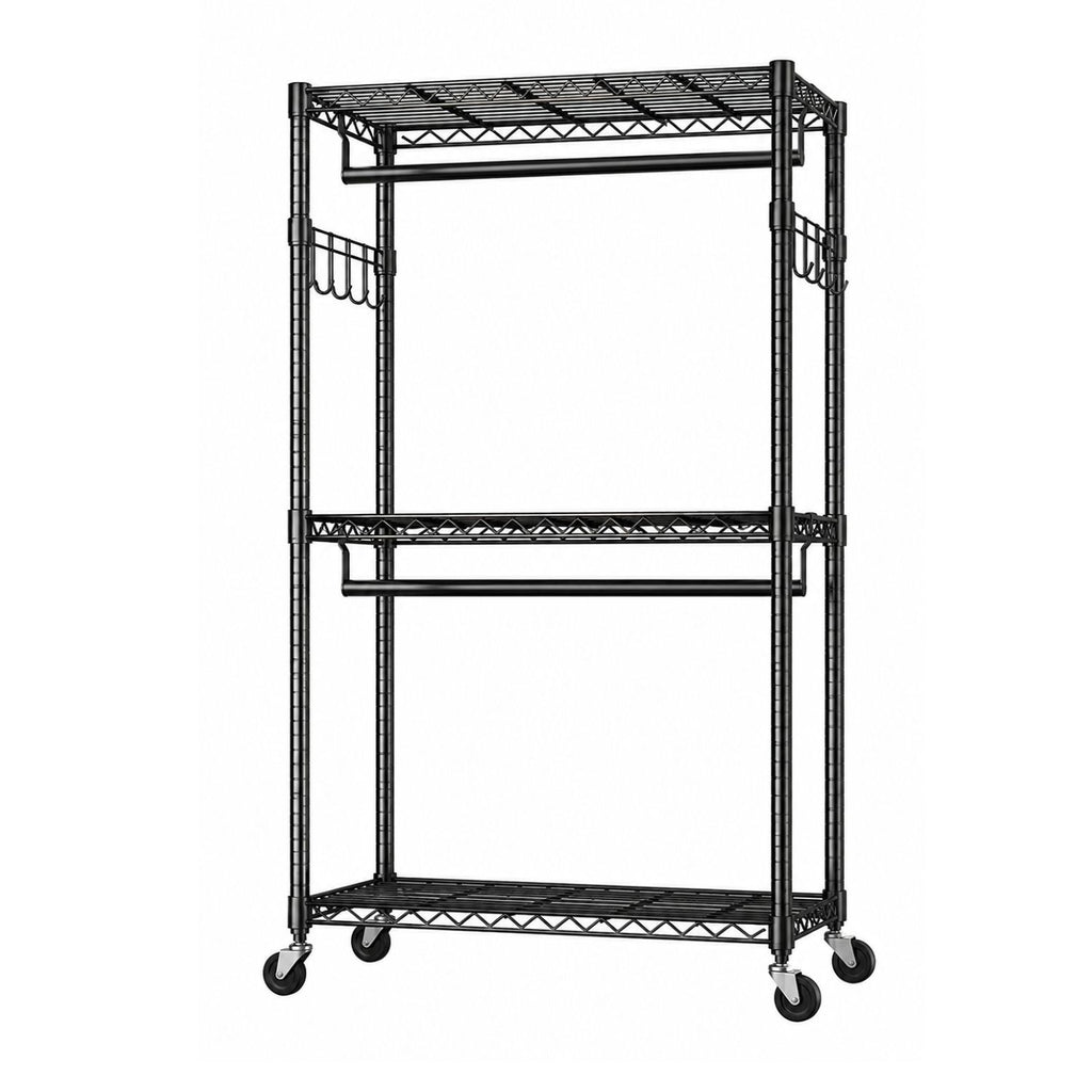 3Tier Adjustable Wire Shelving Clothes Rack Double Rod Mobile Garment Organizer with Wheels