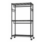 3Tier Adjustable Wire Shelving Clothes Rack Double Rod Mobile Garment Organizer with Wheels