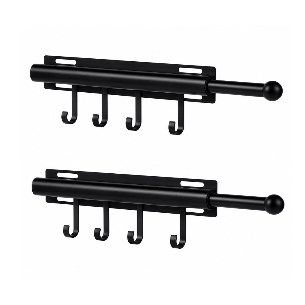 Pull Out Closet Valet Rod with 4 Hooks Black Space-Saving Organizer 12 Inch
