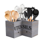 Extra Large Wooden Kitchen Utensil Holder with 3 Compartments Countertop Organizer