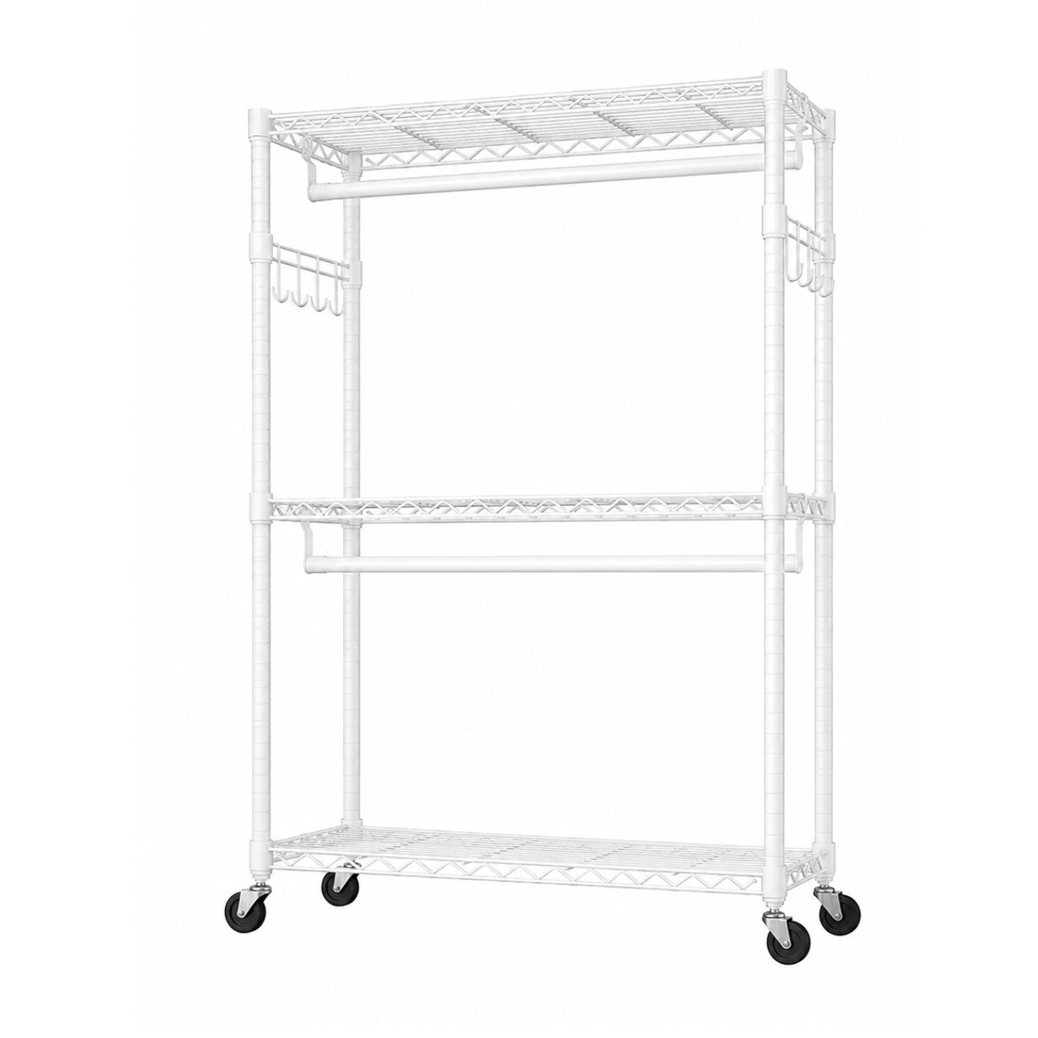 3Tier Adjustable Wire Shelving Clothes Rack Double Rod Mobile Garment Organizer with Wheels
