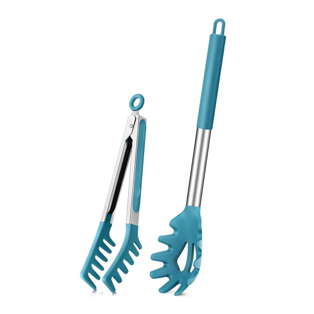 Silicone Spaghetti Spoon and Pasta Tong Set with Stainless Steel Handle