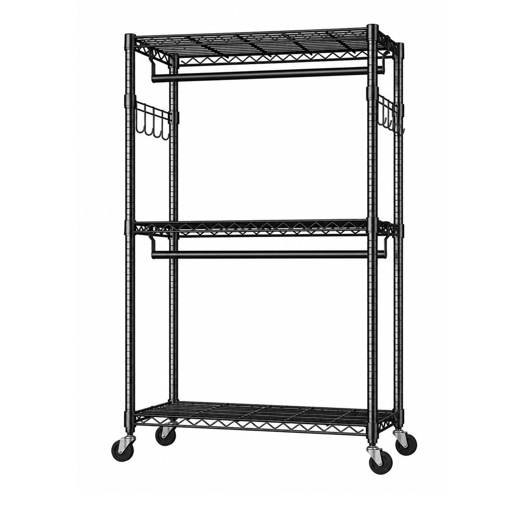 3Tier Adjustable Wire Shelving Clothes Rack Double Rod Mobile Garment Organizer with Wheels