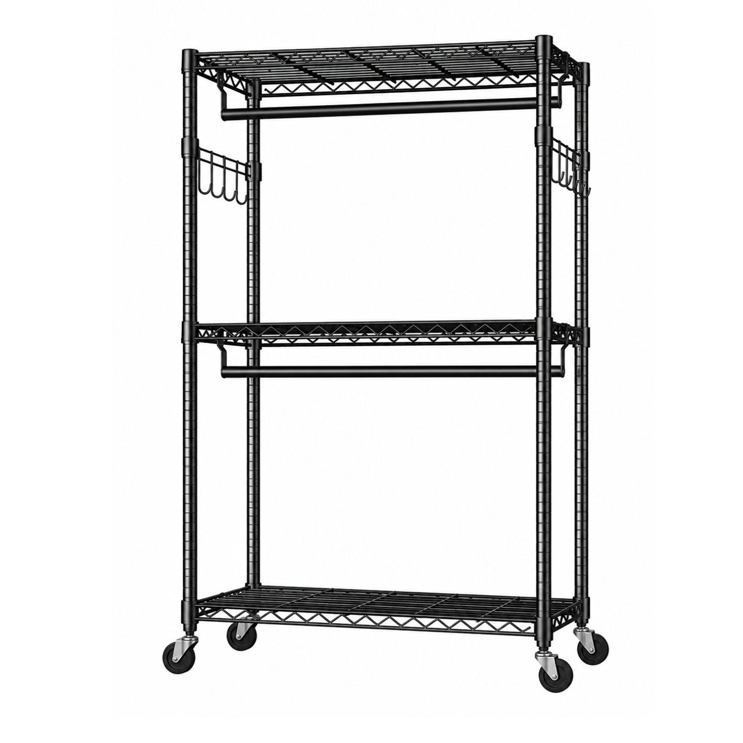 3Tier Adjustable Wire Shelving Clothes Rack Double Rod Mobile Garment Organizer with Wheels