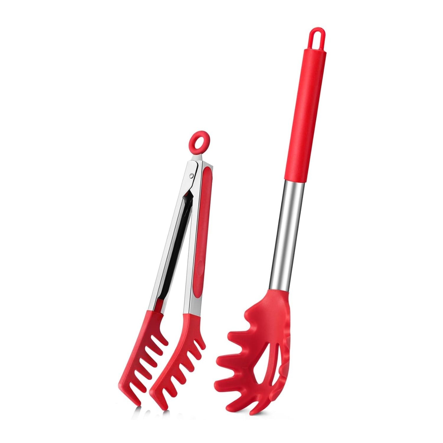 Silicone Spaghetti Spoon and Pasta Tong Set with Stainless Steel Handle