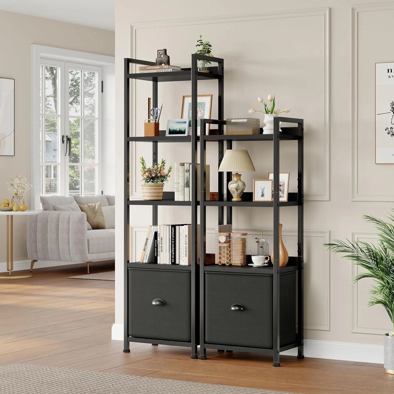 Narrow Bookshelf with Fabric Drawer Bookcase Open Storage Organizer