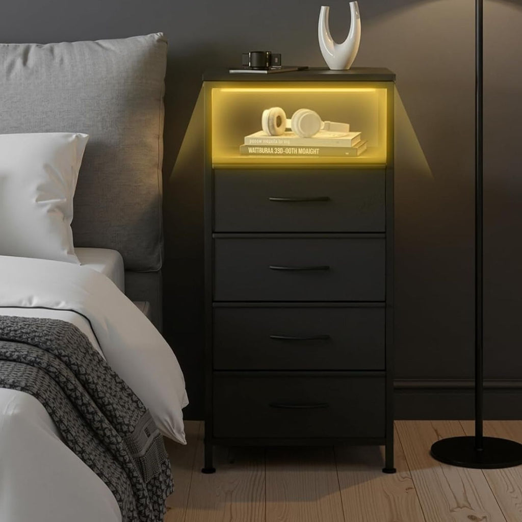 LED Nightstand with Charging Station 4 Fabric Drawers