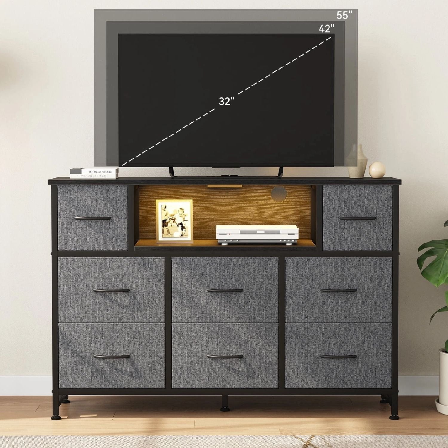 47 Inch TV Stand with 8 Fabric Drawers Power Outlet TV Console for 32-45 Inch TVs