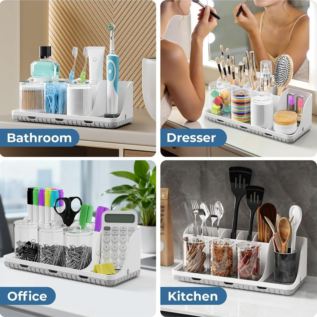 Bathroom Counter Organizer with Toothbrush Holder and 3 Qtip Canisters