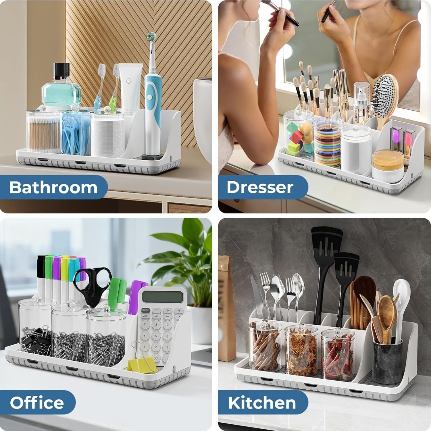 Bathroom Counter Organizer with Toothbrush Holder and 3 Qtip Canisters