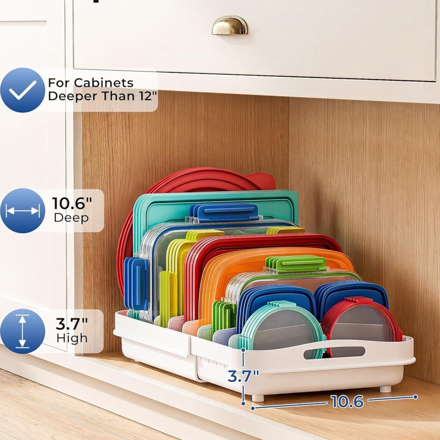 Expandable Food Container Lid Organizer with 8 Adjustable Dividers