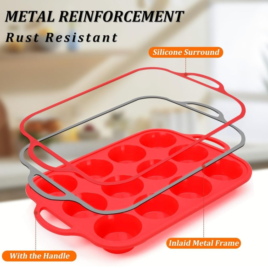 Silicone Muffin Pan with Metal Reinforced Frame Nonstick Cupcake Baking Mold