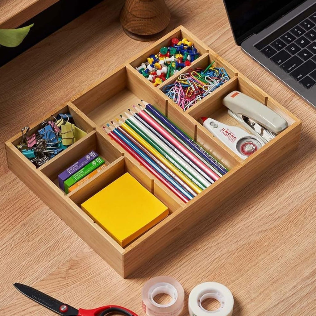 Bamboo Desk Drawer Organizer with Adjustable Dividers Wood Storage Tray