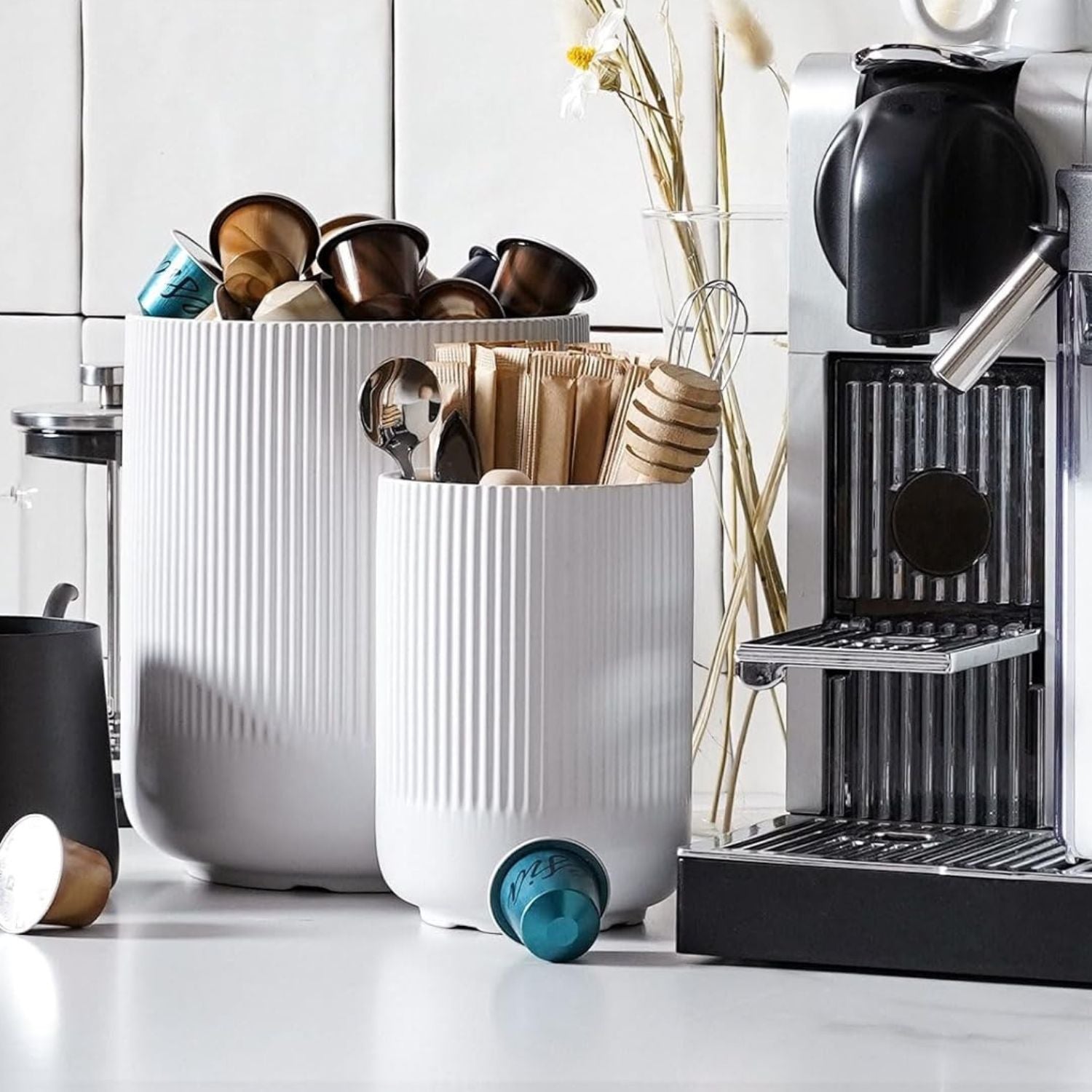 Ceramic Utensil Holder Set for Kitchen Counter Fluted Crock Organizers