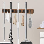 Wall Mounted Broom Holder with 4 Holders and 4 Hooks Wooden Mop Organizer Rack