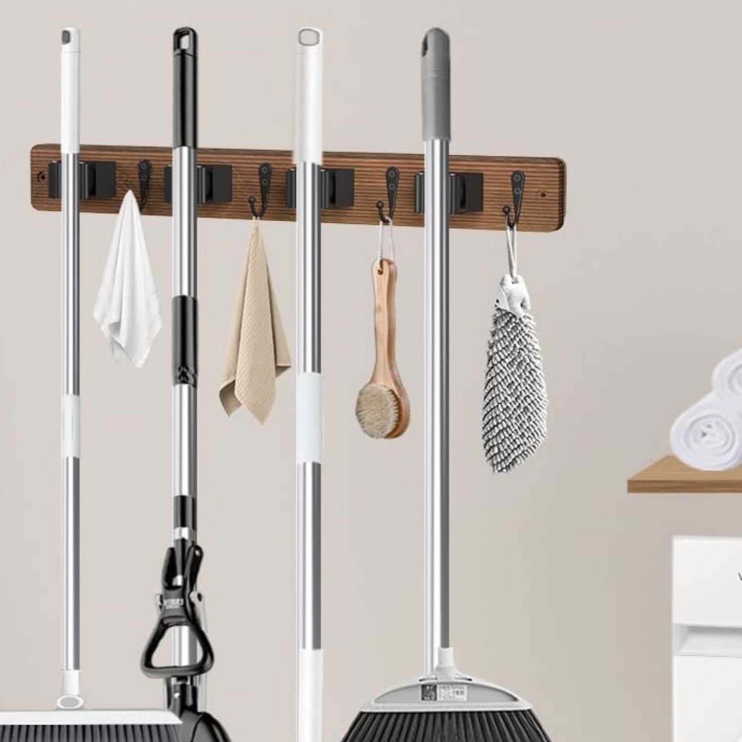 Wall Mounted Broom Holder with 4 Holders and 4 Hooks Wooden Mop Organizer Rack