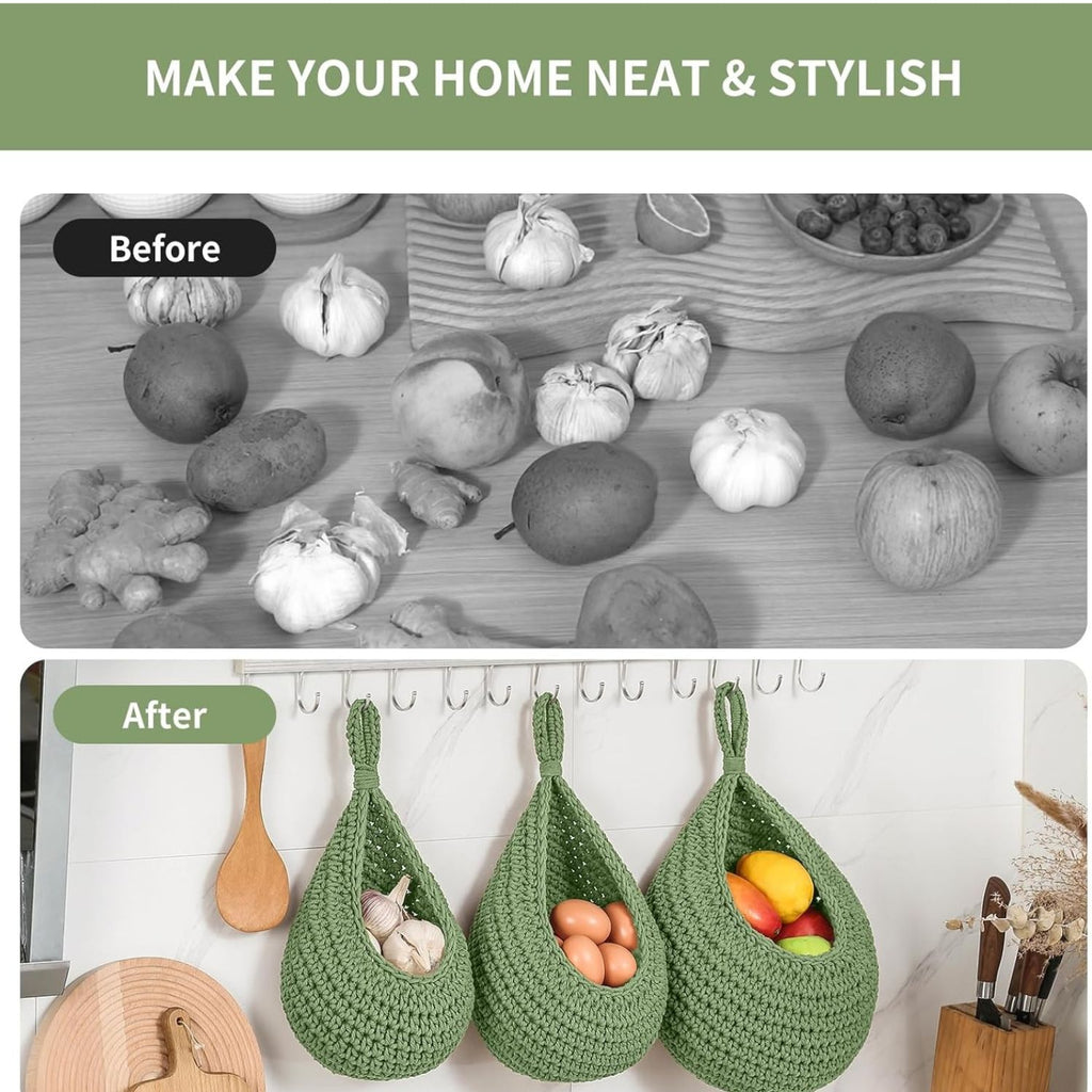 Pack of 3 Wall Hanging Fruit Baskets Woven Storage with 6 Hooks