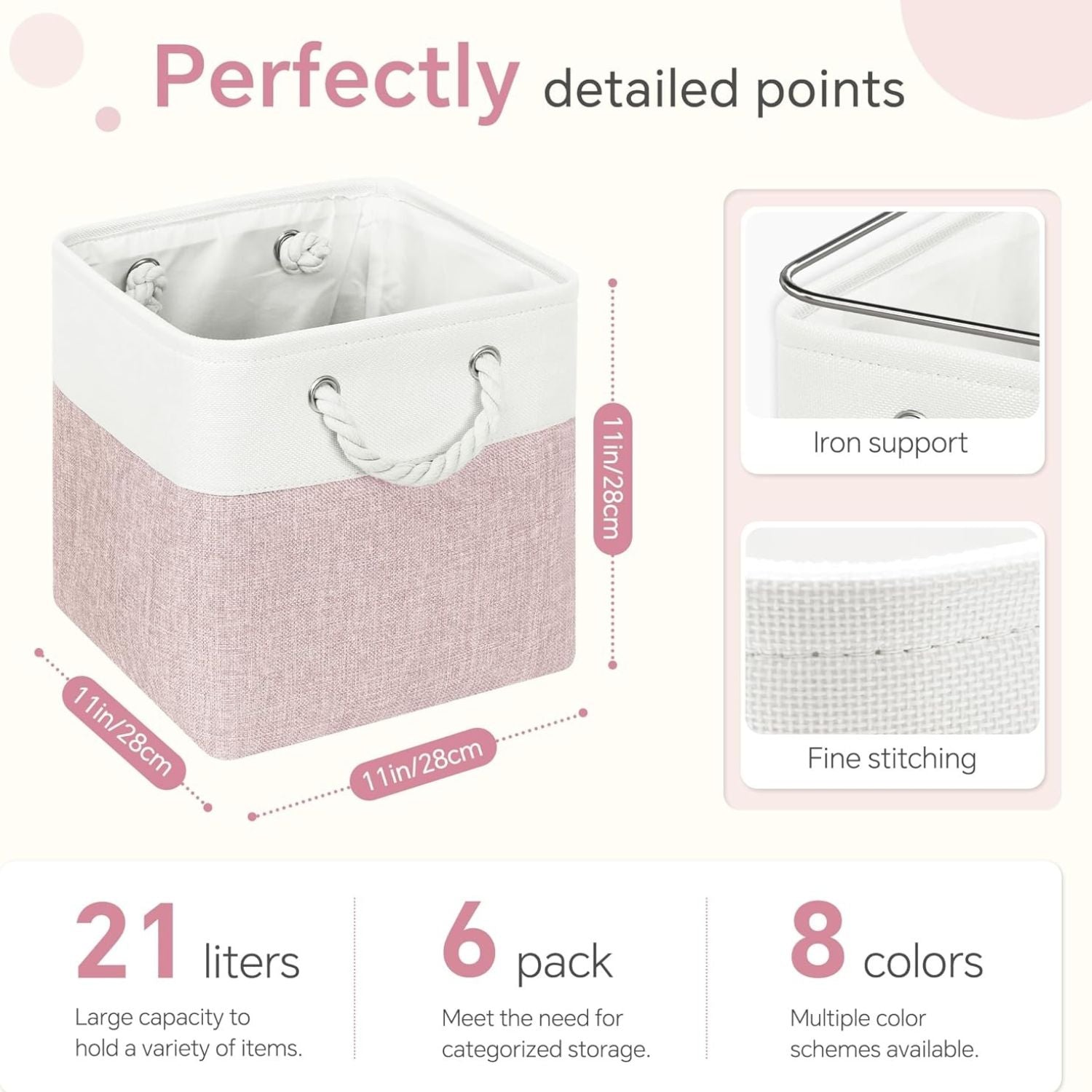Pack of 6 Cube Storage Bins with Cotton Handles 11 Inch