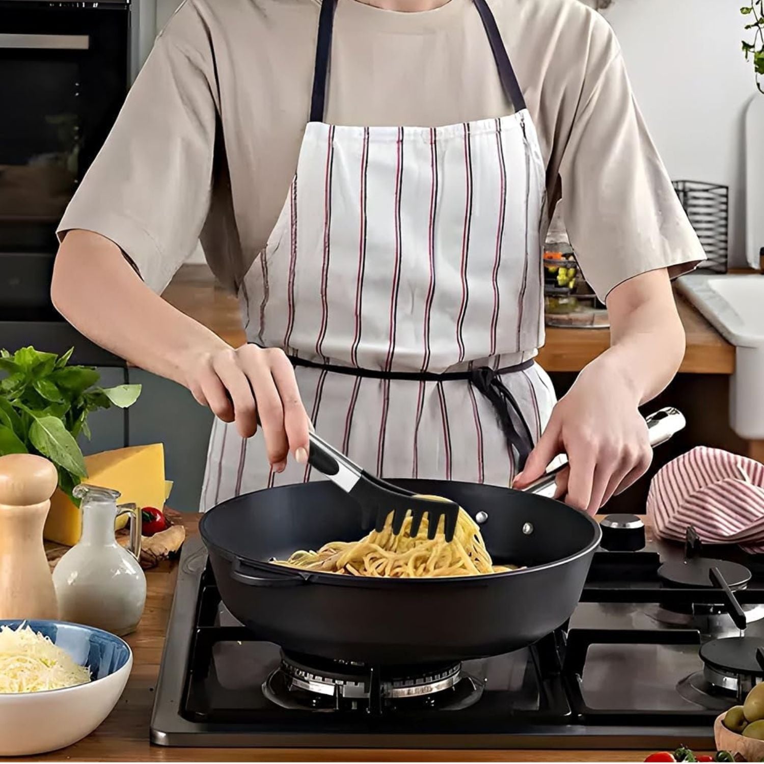 Silicone Spaghetti Spoon and Pasta Tong Set with Stainless Steel Handle