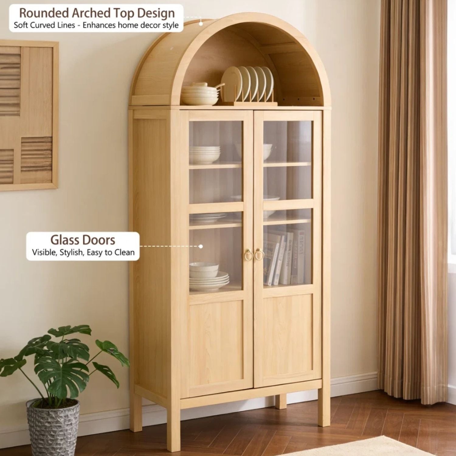 4Tier Arched Display Cabinet with Glass Doors and 4 Drawers