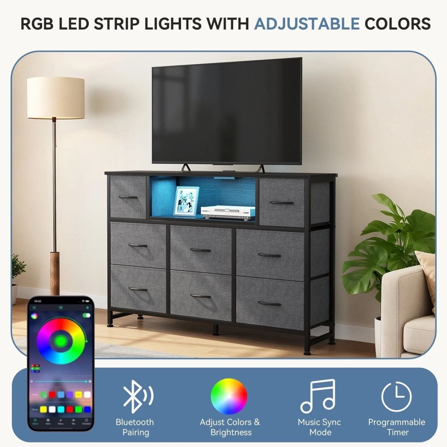 47 Inch TV Stand with 8 Fabric Drawers Power Outlet TV Console for 32-45 Inch TVs