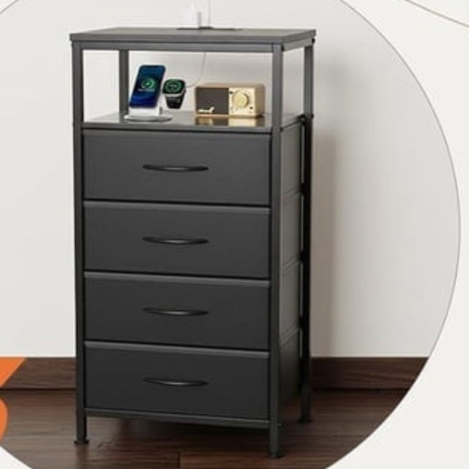 LED Nightstand with Charging Station 4 Fabric Drawers