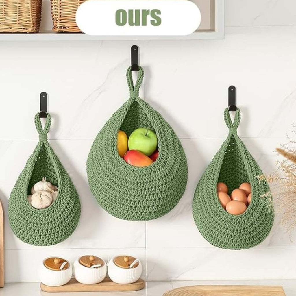 Pack of 3 Wall Hanging Fruit Baskets Woven Storage with 6 Hooks