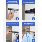 Pull Out Closet Valet Rod with 4 Hooks Black Space-Saving Organizer 12 Inch