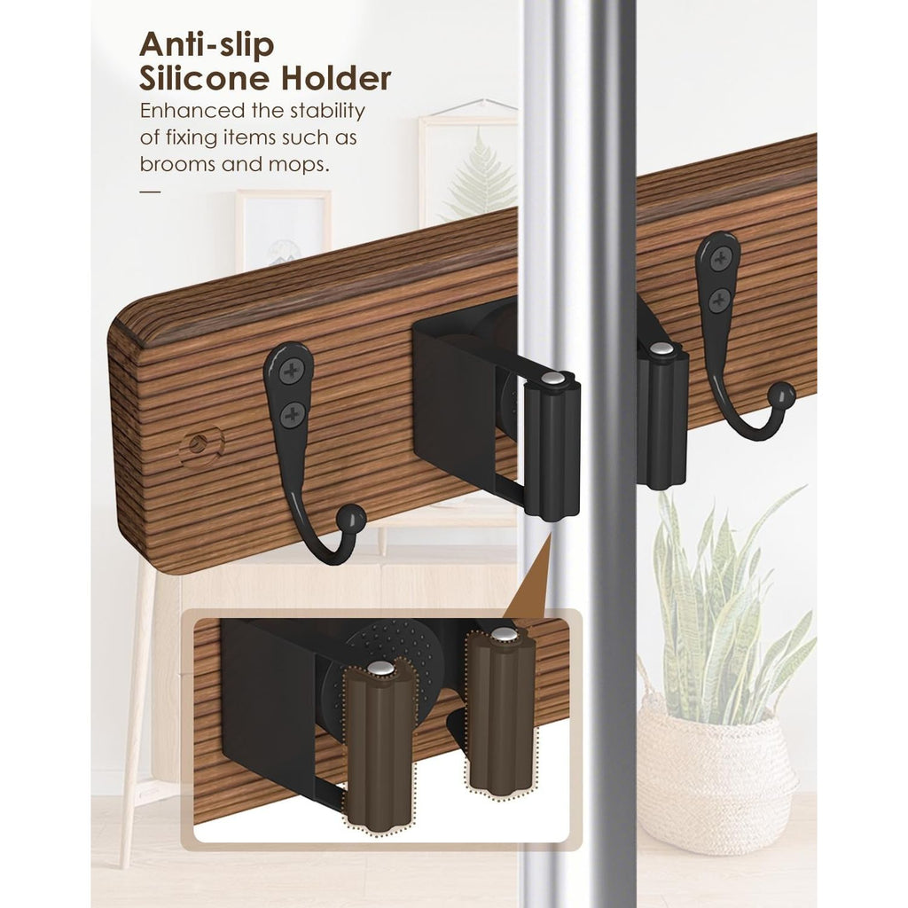 Wall Mounted Broom Holder with 4 Holders and 4 Hooks Wooden Mop Organizer Rack