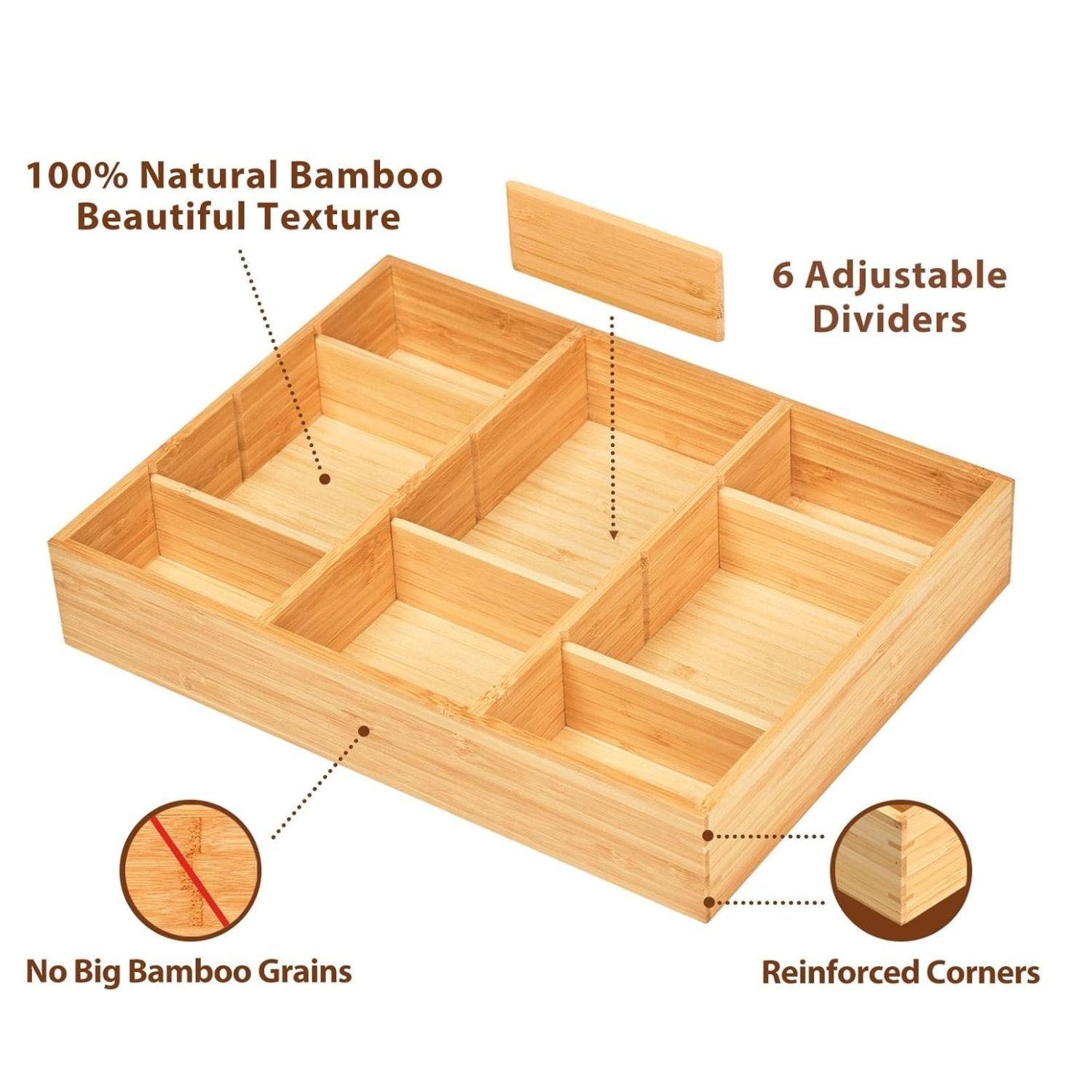 Bamboo Desk Drawer Organizer with Adjustable Dividers Wood Storage Tray