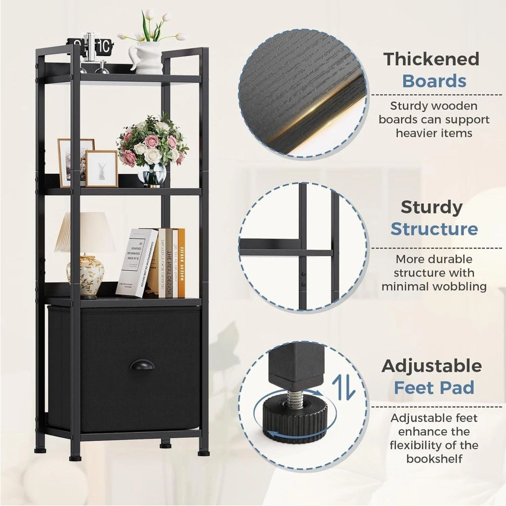Narrow Bookshelf with Fabric Drawer Bookcase Open Storage Organizer