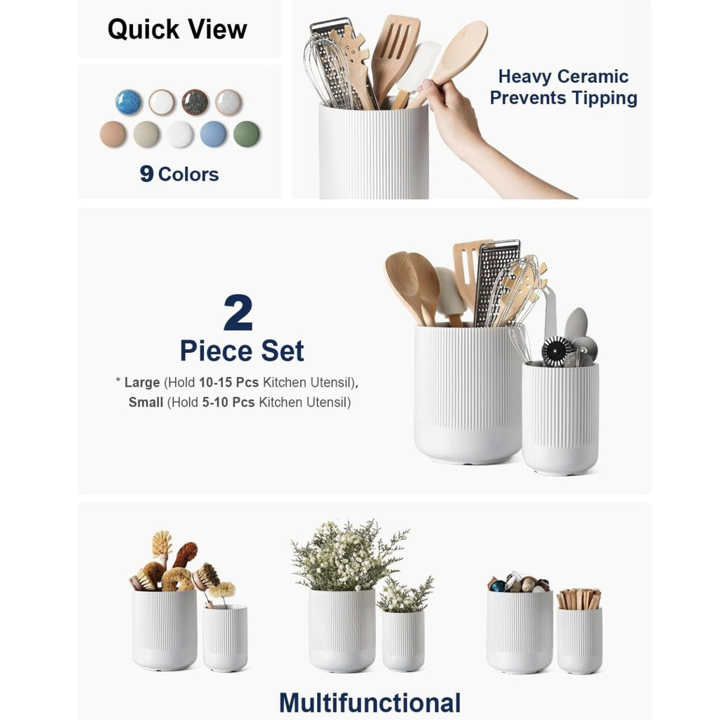 Ceramic Utensil Holder Set for Kitchen Counter Fluted Crock Organizers