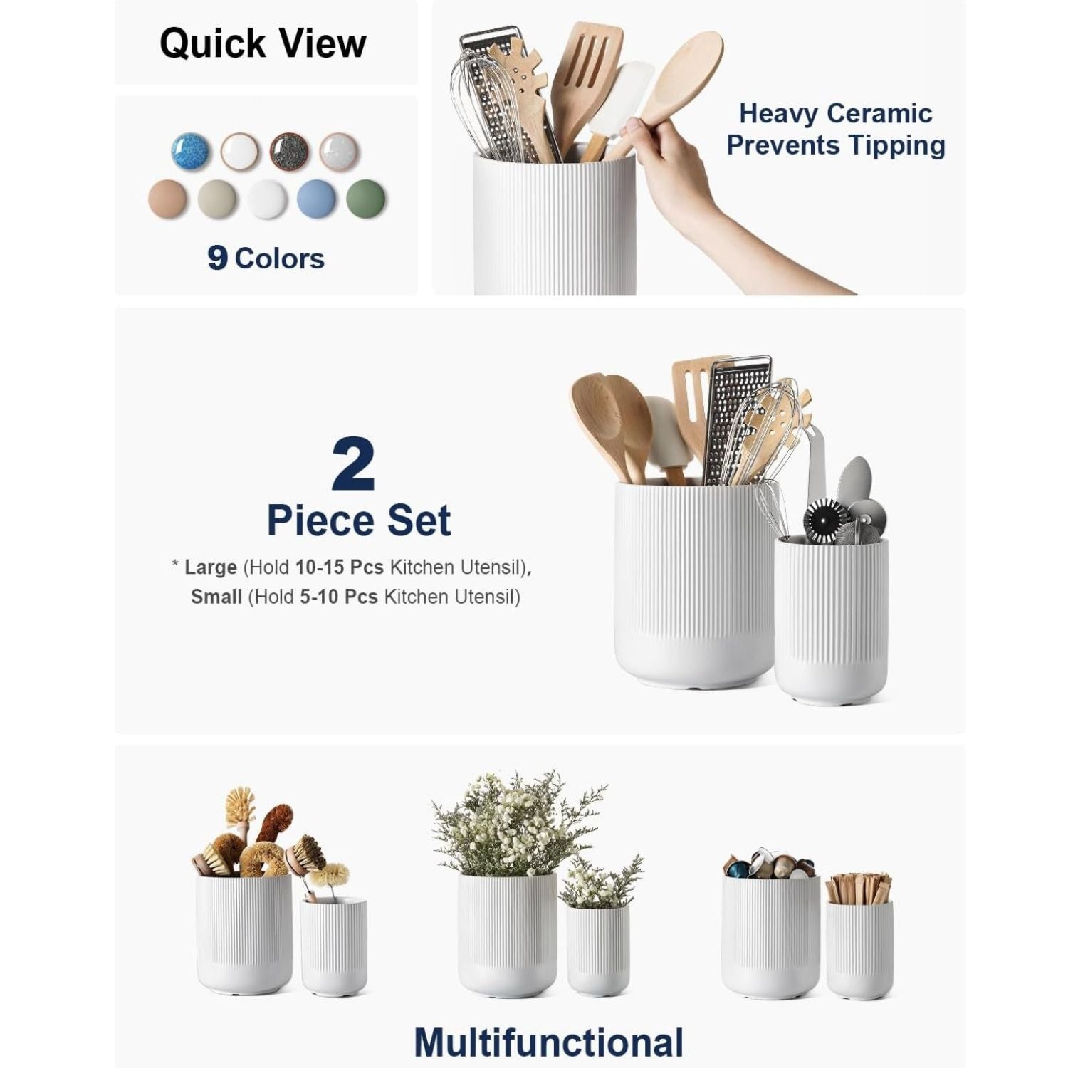 Ceramic Utensil Holder Set for Kitchen Counter Fluted Crock Organizers