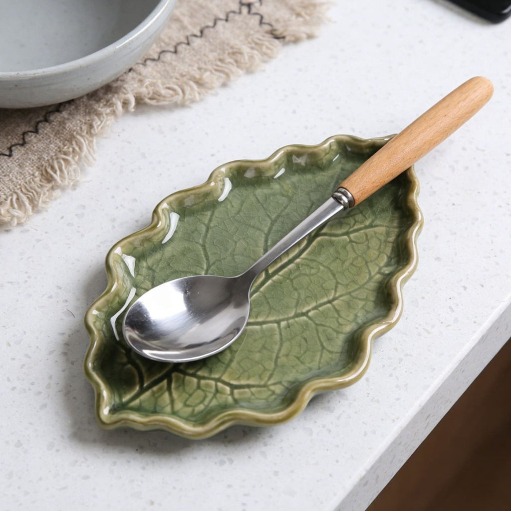 Ceramic Leaf Spoon Rest for Stove Top Kitchen Utensil and Spatula Holder