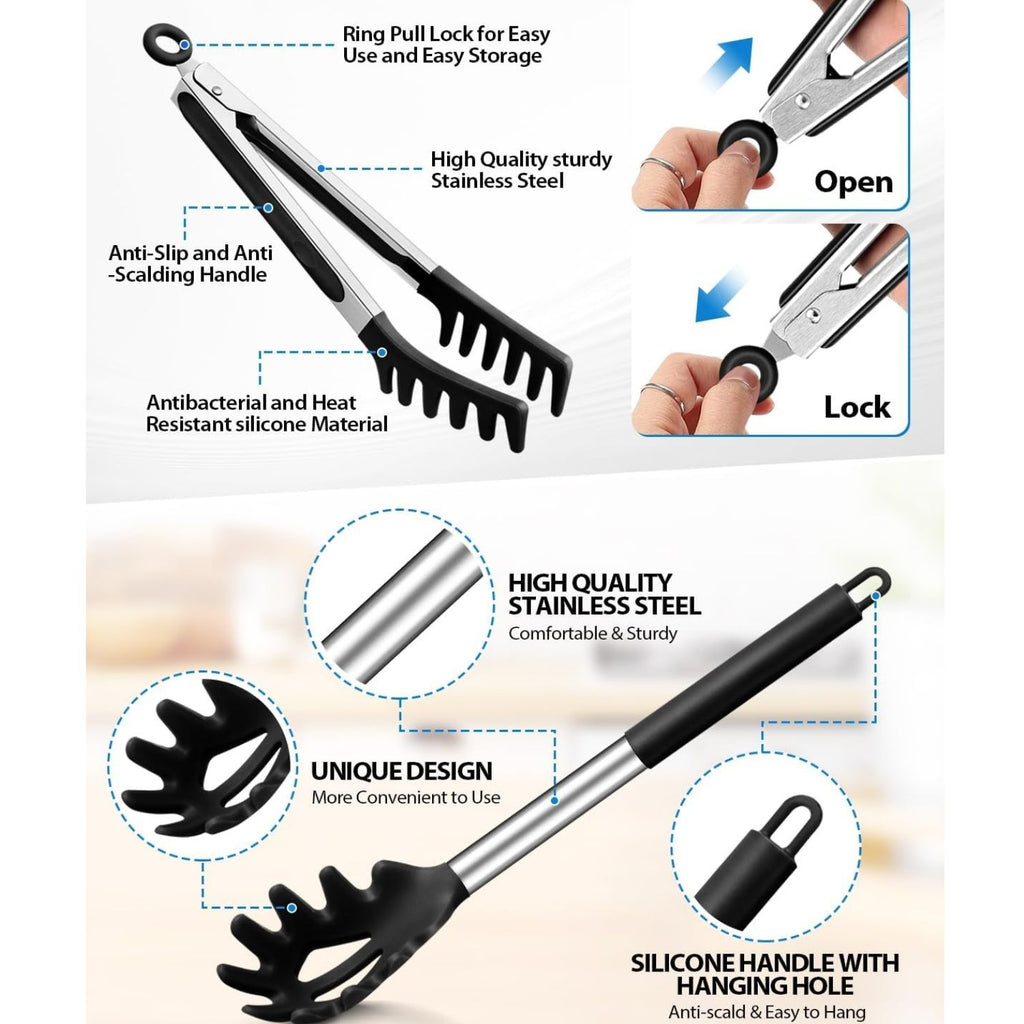 Silicone Spaghetti Spoon and Pasta Tong Set with Stainless Steel Handle