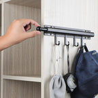 Pull Out Closet Valet Rod with 4 Hooks Black Space-Saving Organizer 12 Inch