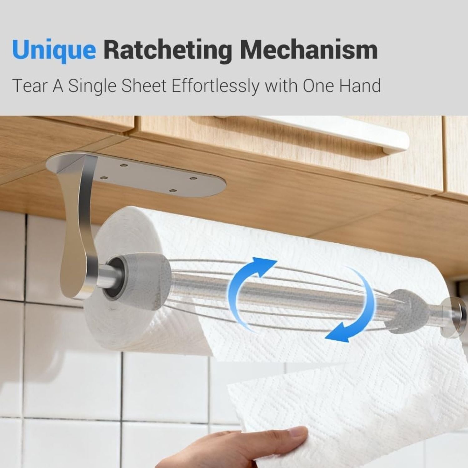 Under Cabinet Paper Towel Holder with One-Hand Tear Ratchet Wall Mount Rack