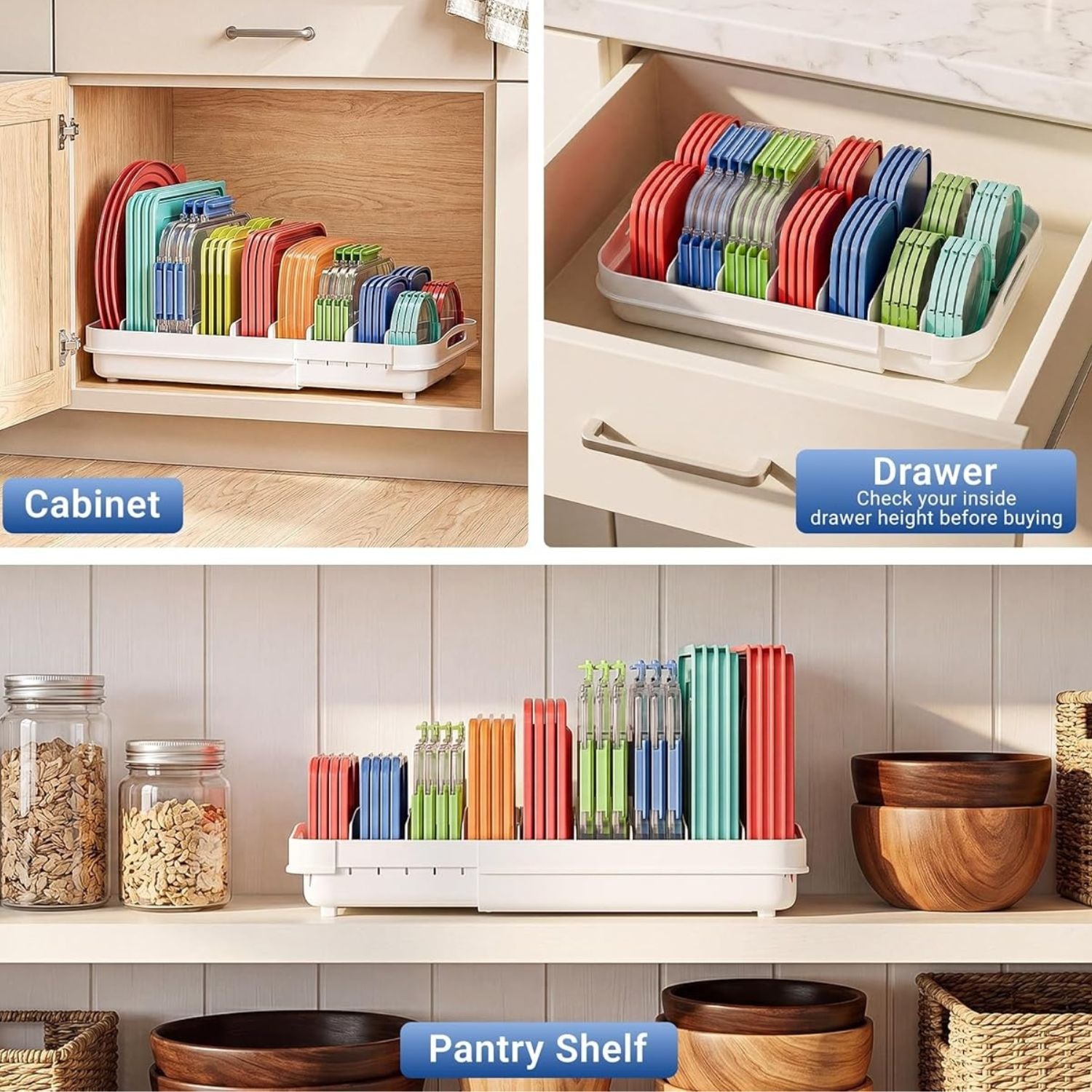 Expandable Food Container Lid Organizer with 8 Adjustable Dividers